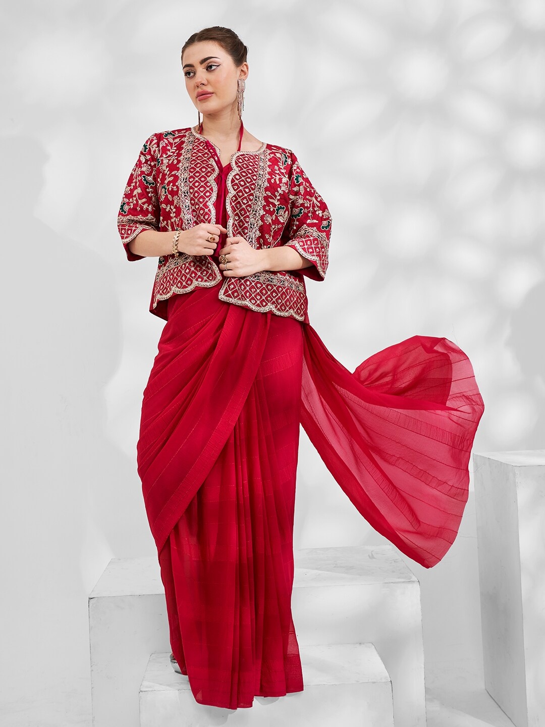

Kalista Pure Georgette Saree With Embellished Jacket, Red
