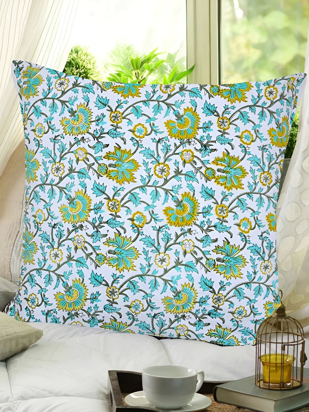 

RRC Sea Green & White 2 Pieces Floral Cotton Square Cushion Covers