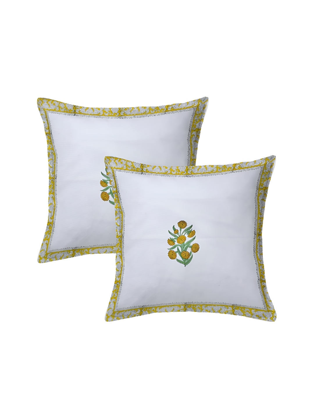 

RRC Yellow & White 2 Pieces Floral Cotton Square Cushion Covers