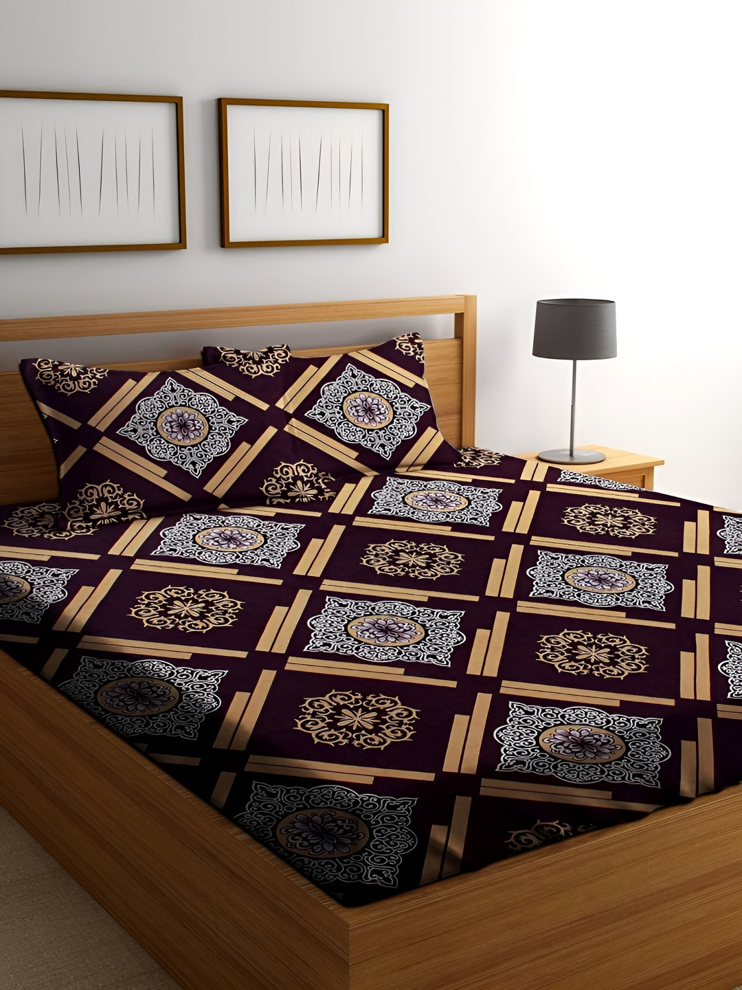

DECOREZA Brown Floral 300 TC King Cotton Fitted Bedsheet with 2 Pillow Covers