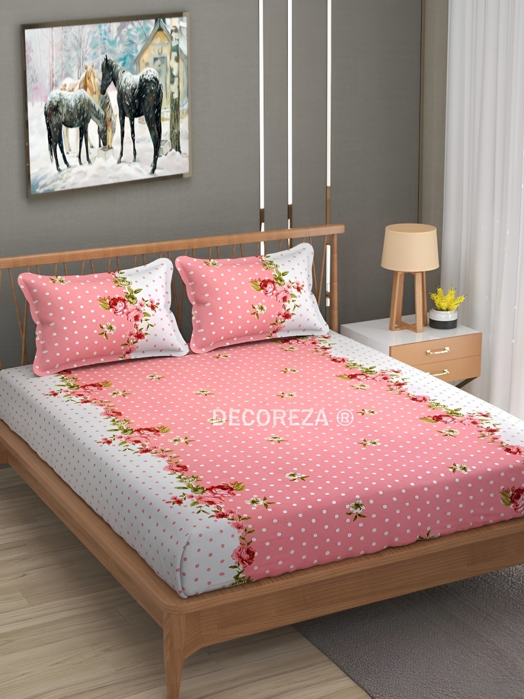 

DECOREZA Pink Floral 300 TC King Cotton Fitted Bedsheet with 2 Pillow Covers