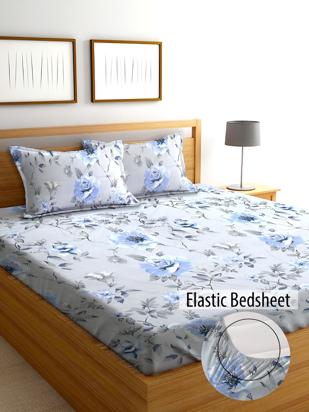 

DECOREZA Grey Floral 300 TC King Fitted Bedsheet with 2 Pillow Covers