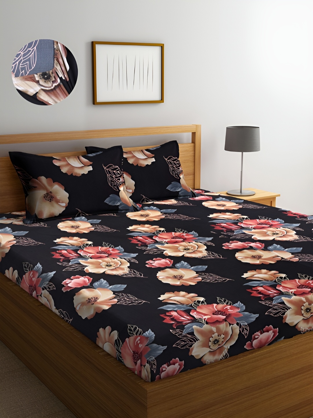 

DECOREZA Black Floral 300 TC King Fitted Bedsheet with 2 Pillow Covers