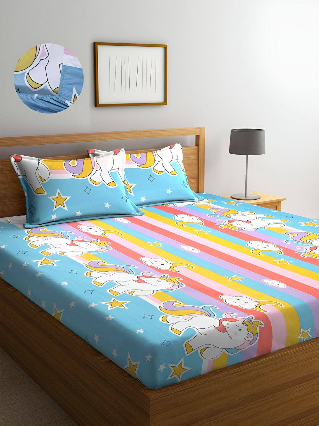 

DECOREZA Blue Floral 300 TC King Fitted Bedsheet with 2 Pillow Covers
