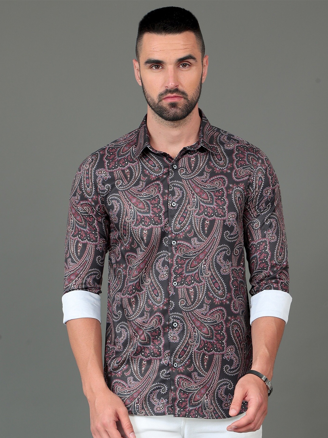 

CAZZBA Floral Printed Spread Collar Cotton Casual Shirt, Black