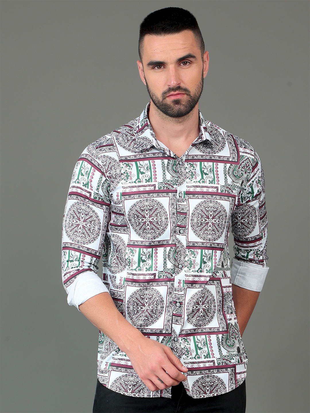 

CAZZBA Ethnic Motifs Printed Cotton Casual Shirt, White