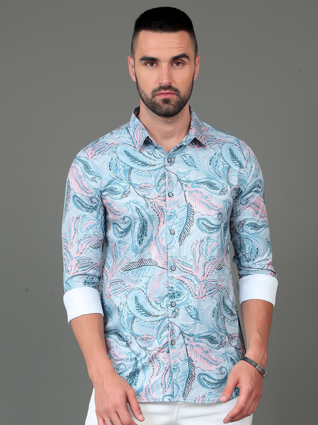 

CAZZBA Floral Printed Spread Collar Cotton Casual Shirt, Blue