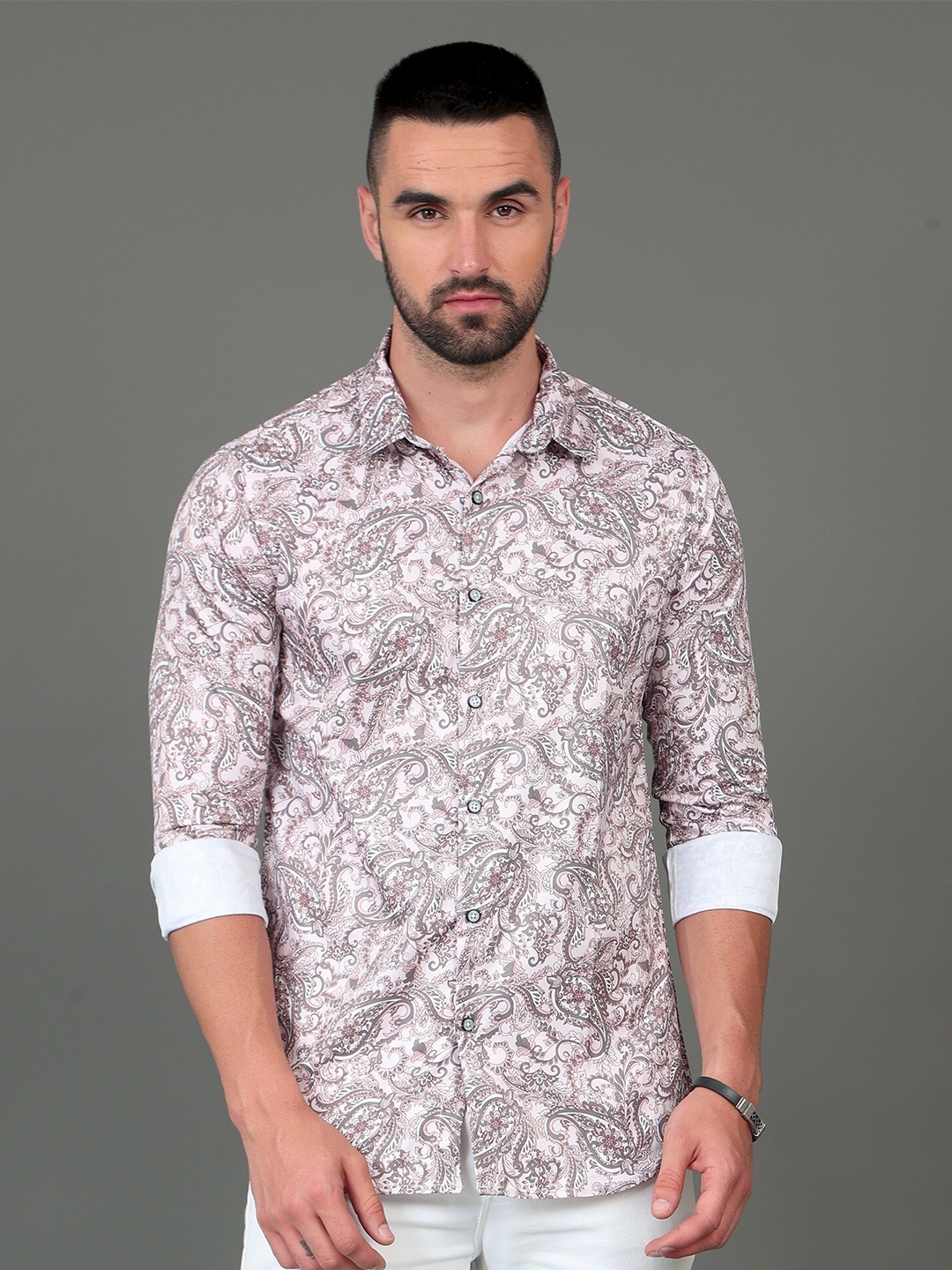 

CAZZBA Floral Printed Spread Collar Cotton Casual Shirt, White