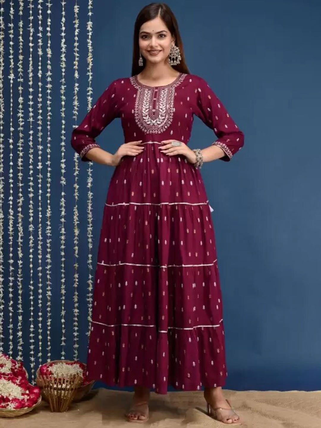 

Gujari Ethnic Motifs Printed Tiered Anarkali Kurta, Purple