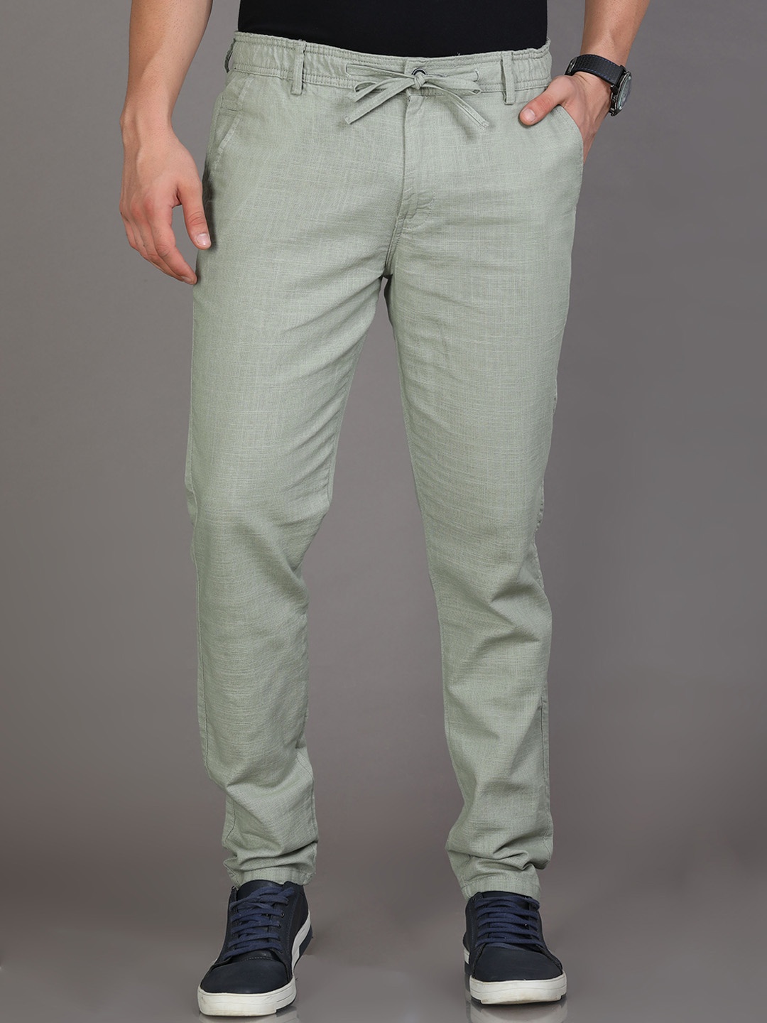 

Reslag Men Mid-Rise Casual Linen Trousers, Lime green