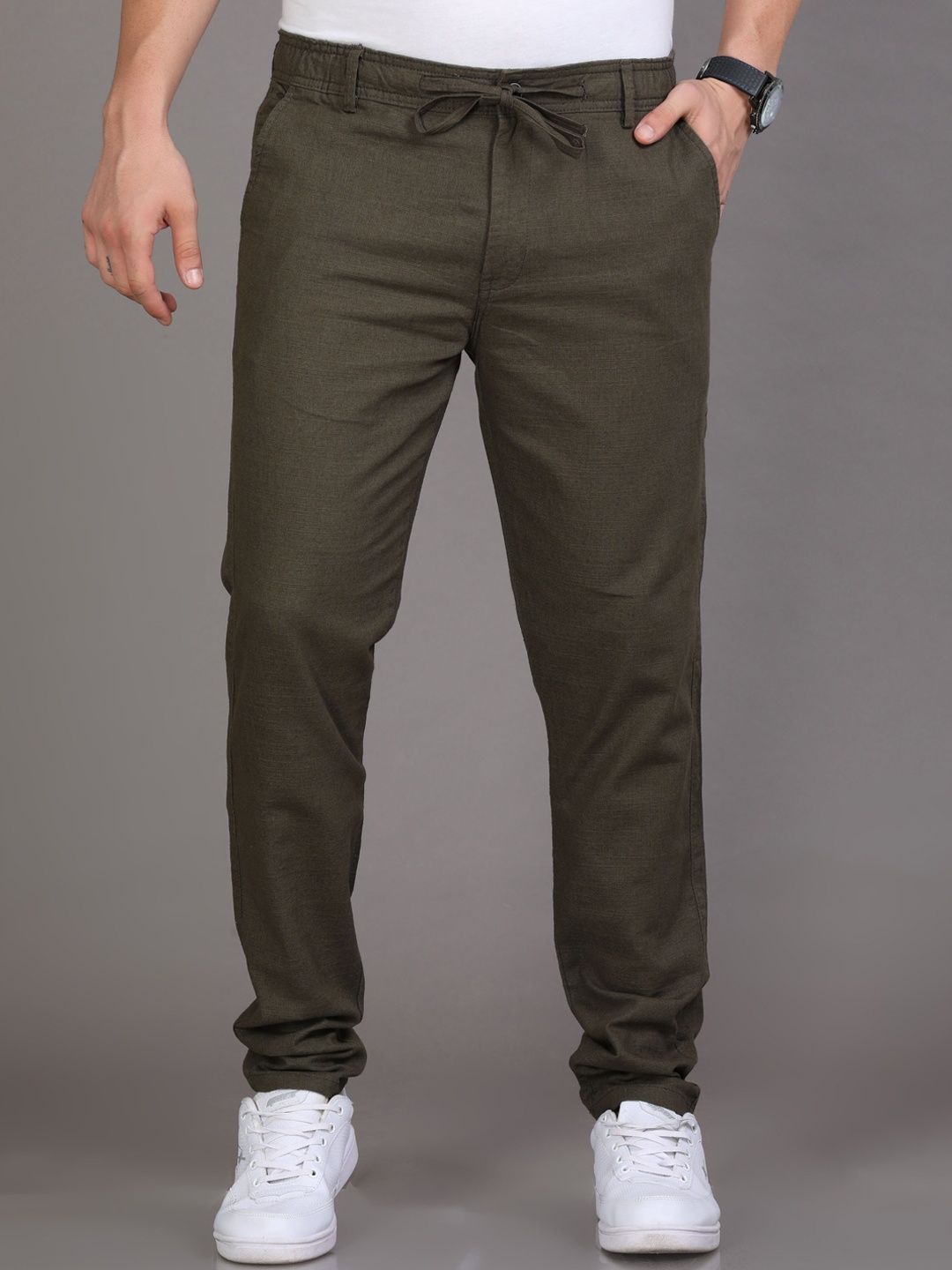 

Reslag Men Mid-Rise Casual Linen Trousers, Green