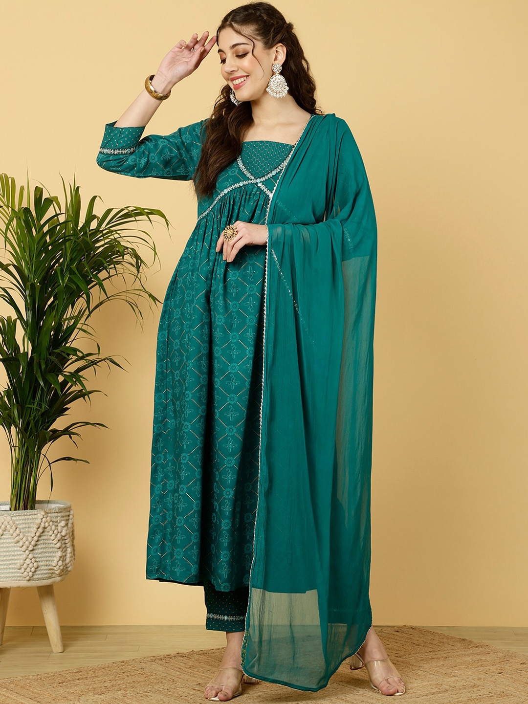 SAABHI Floral Printed A-Line Empire Kurta With Trousers & Dupatta, Teal