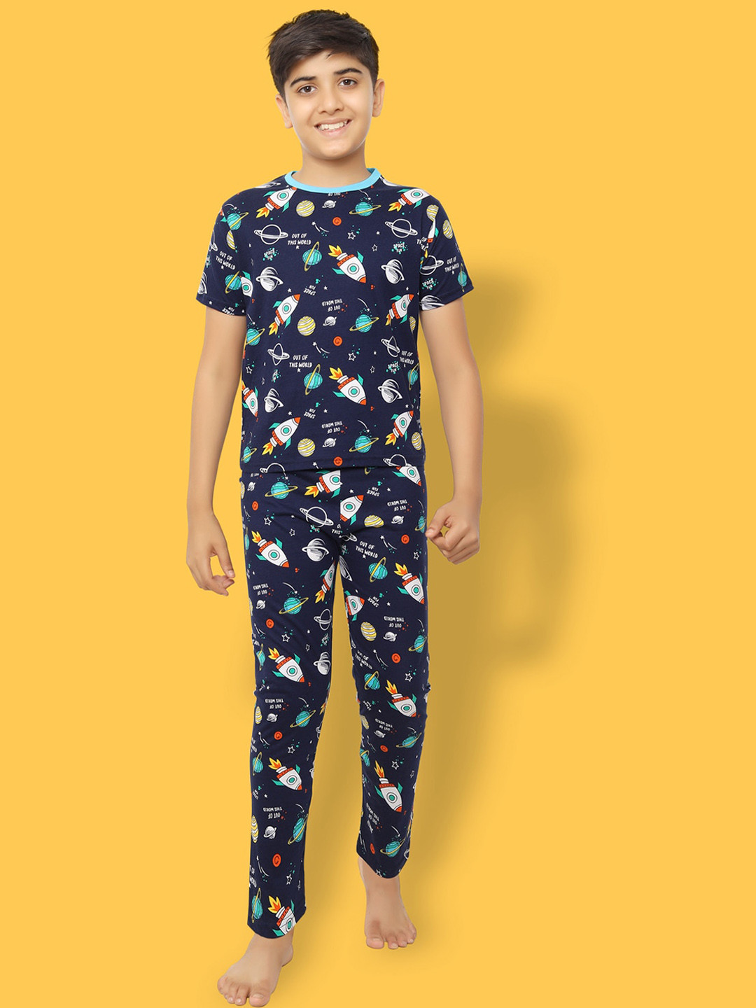 

Ninos Dreams Boys Conversational Printed Pure Cotton Night suit, Navy blue
