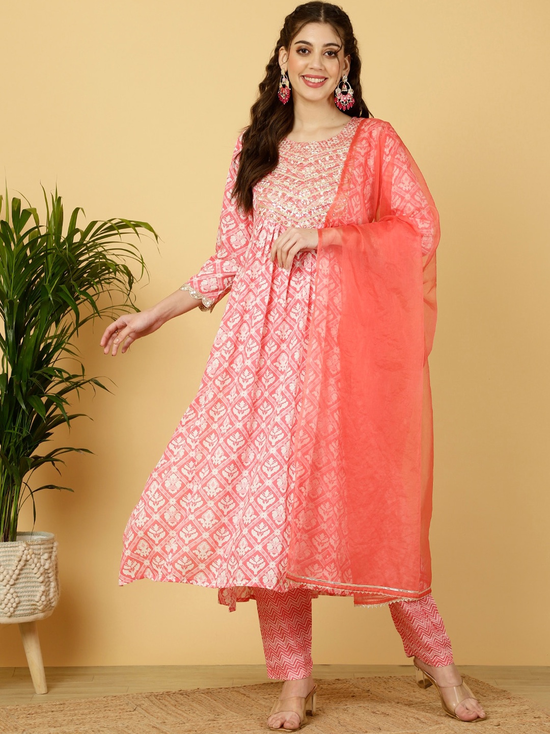 

SAABHI Floral Printed Thread Work A-line Kurta with Palazzos & With Dupatta, Pink