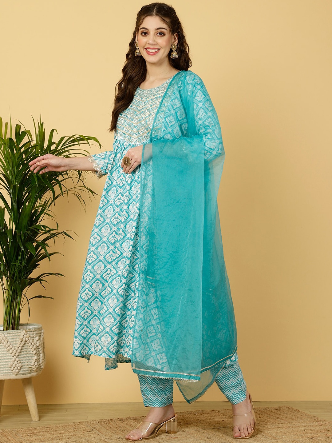 SAABHI Floral Printed Thread Work Kurta with Trousers & With Dupatta, Turquoise blue