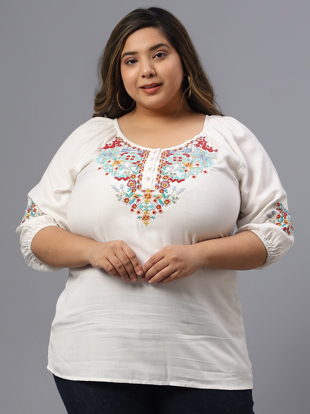 

SAAKAA Plus Size Floral Embroidered Neck Cuffed Sleeves Cotton Top, White