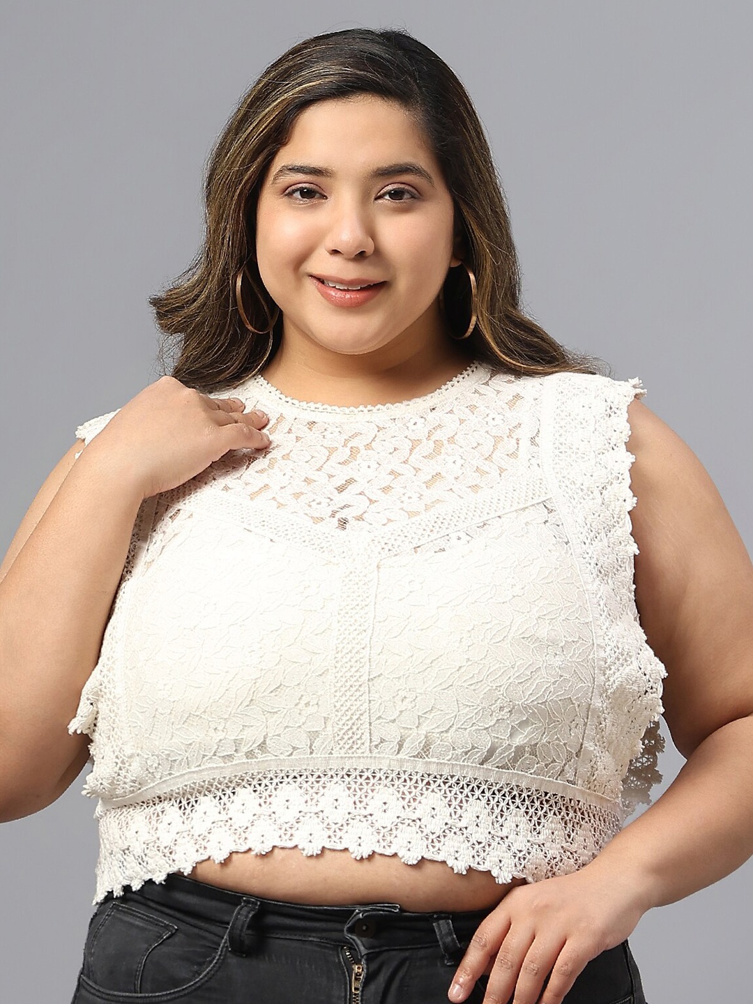

SAAKAA Plus Size Self Design Pure Cotton Crop Top, Cream