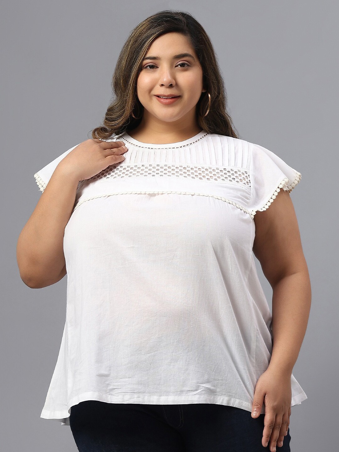 

SAAKAA Plus Size Self Design Extended Sleeves Lace Inserts Detail Top, White
