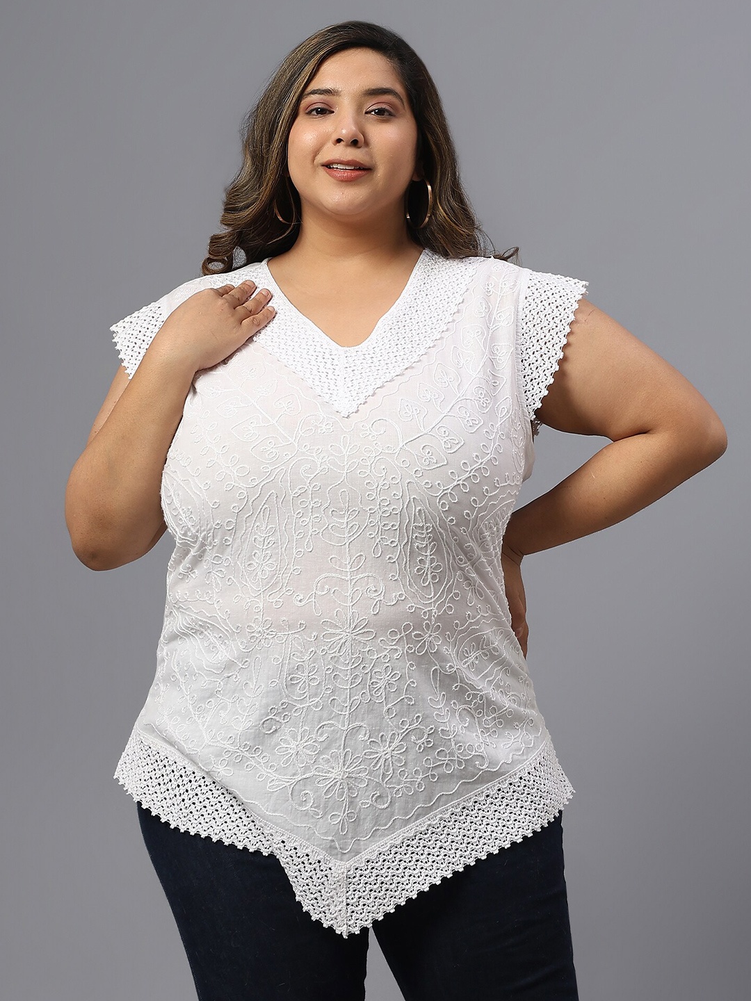 

SAAKAA Plus Size Self Design V-Neck Cotton Top, White