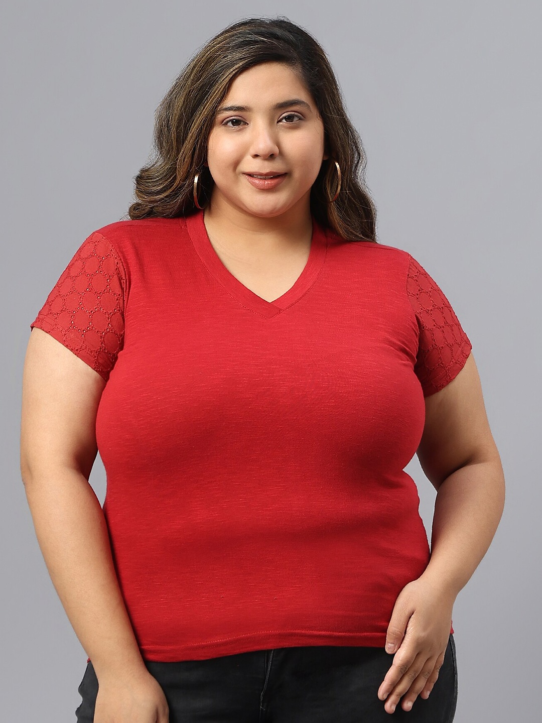 

SAAKAA Plus Size Self Design V-Neck Cotton Top, Red
