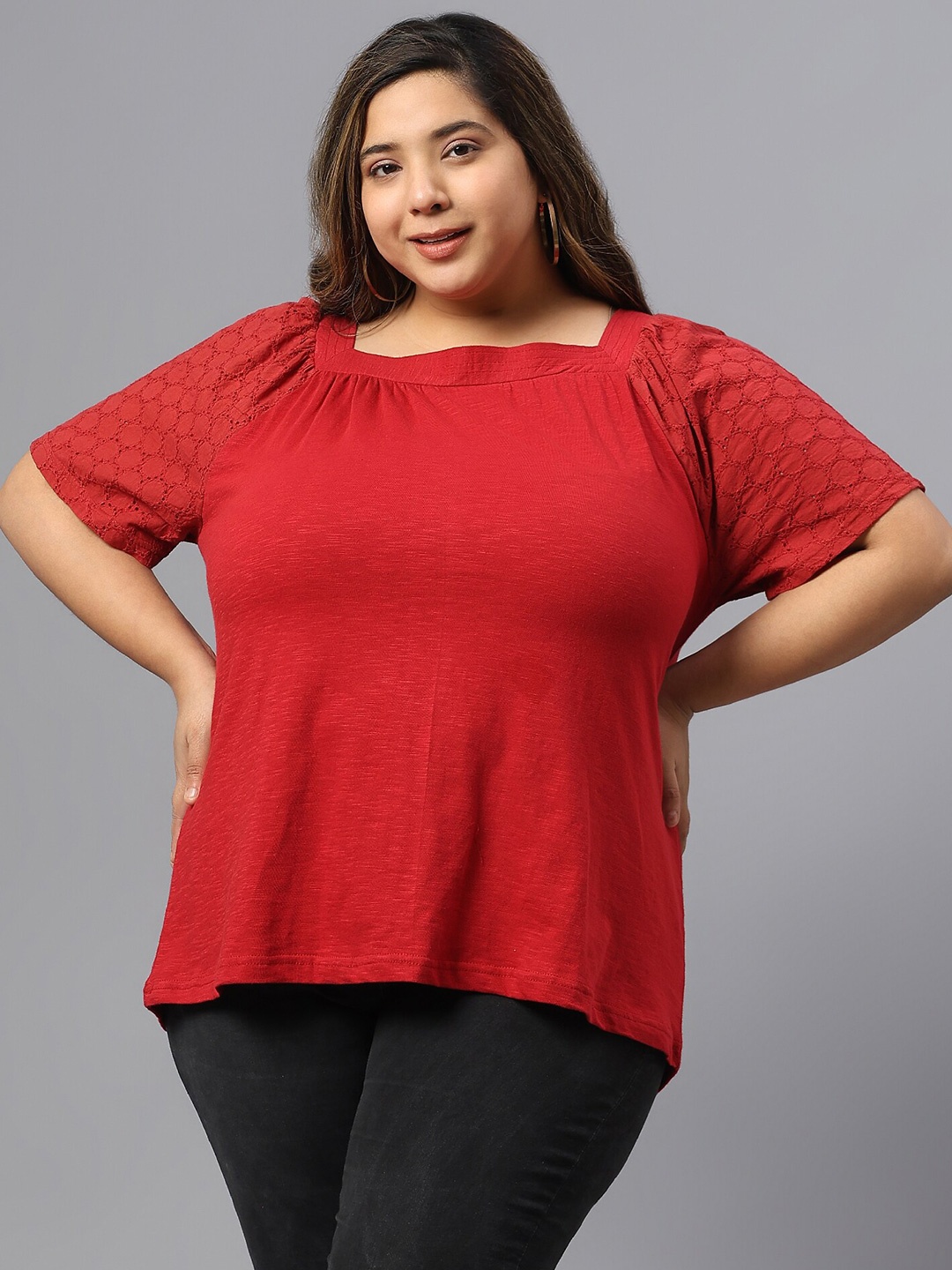 

SAAKAA Plus Size Self Design Square Neck Cotton Top, Red