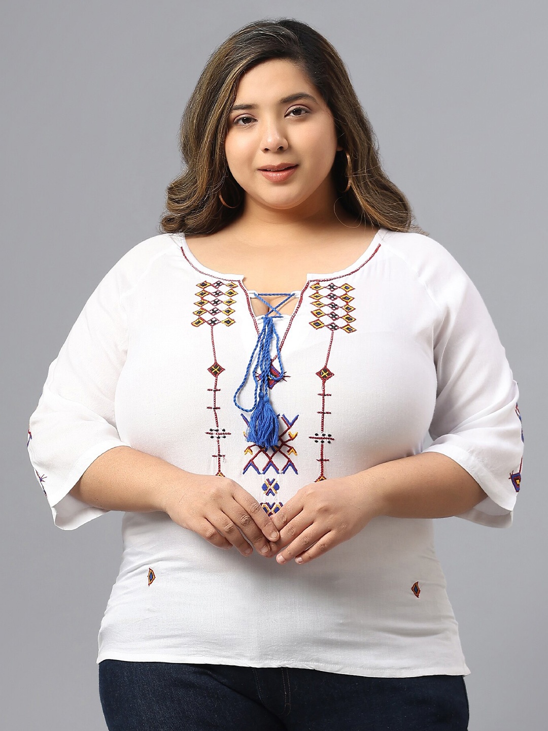 

SAAKAA Plus Size Geometric Embroidered Tie-Up Neck Cotton Top, White