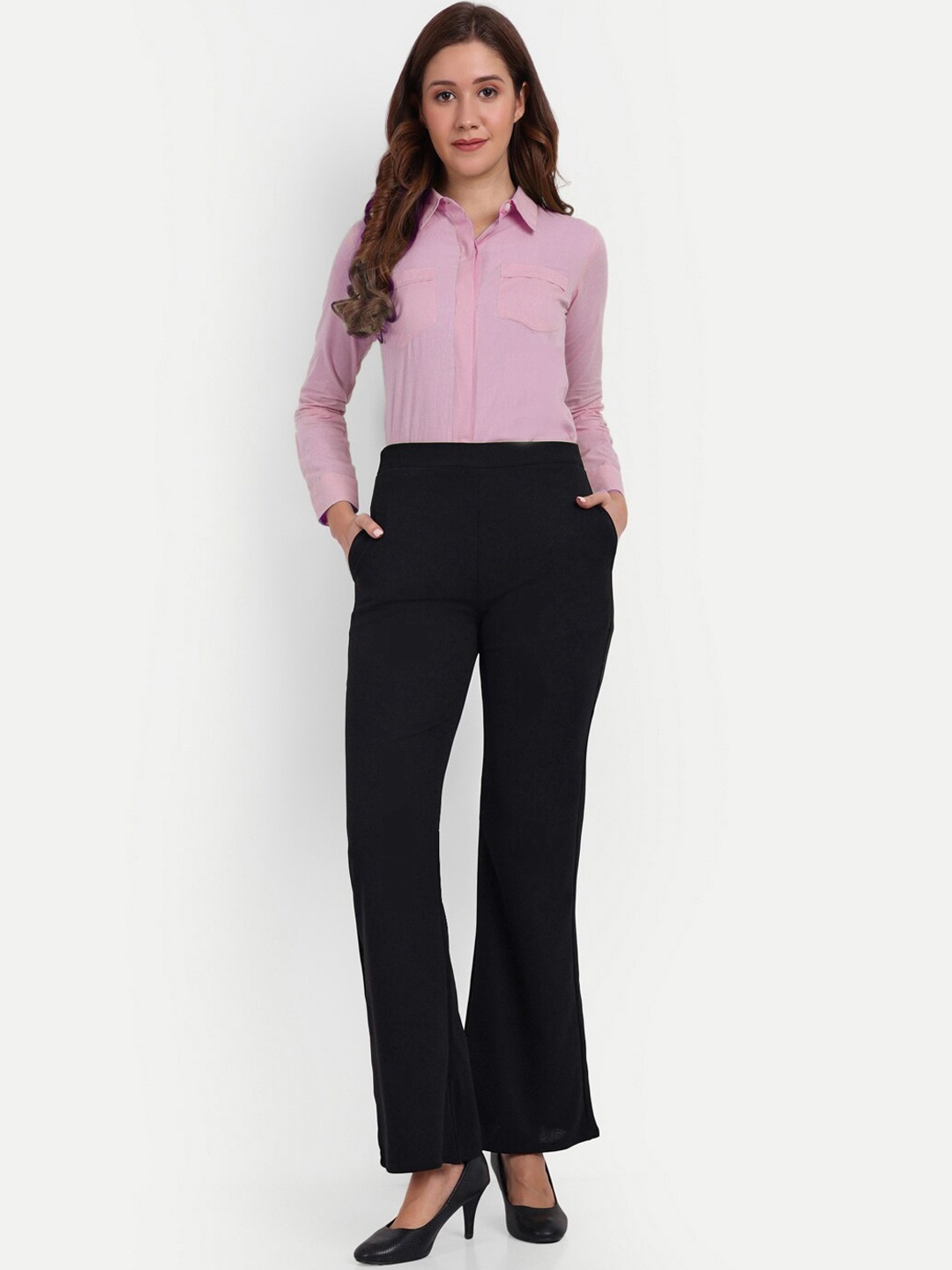 

Next One Women Relaxed Flared High Rise Stretchable Easy Wash Bootcut Trousers, Black