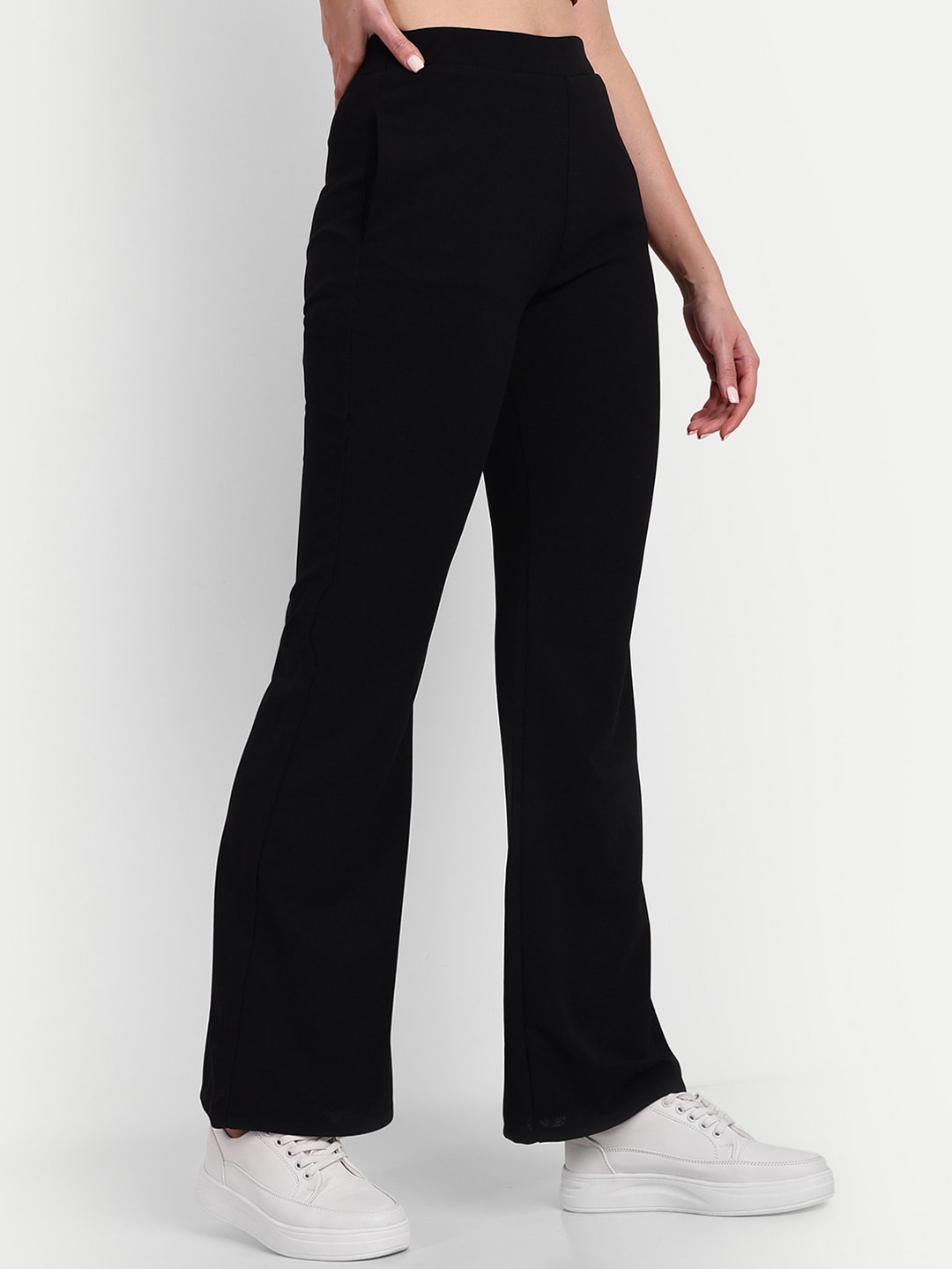 

Next One Women Relaxed Flared High-Rise Easy Wash Stretchable Bootcut Trousers, Black