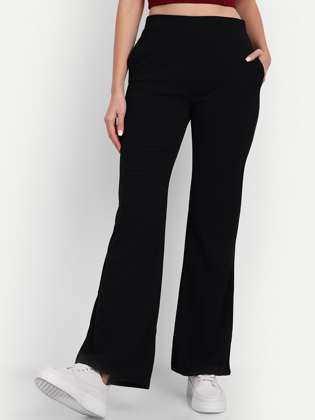 

Next One Women Relaxed Flared High-Rise Easy Wash Stretchable Bootcut Trousers, Black