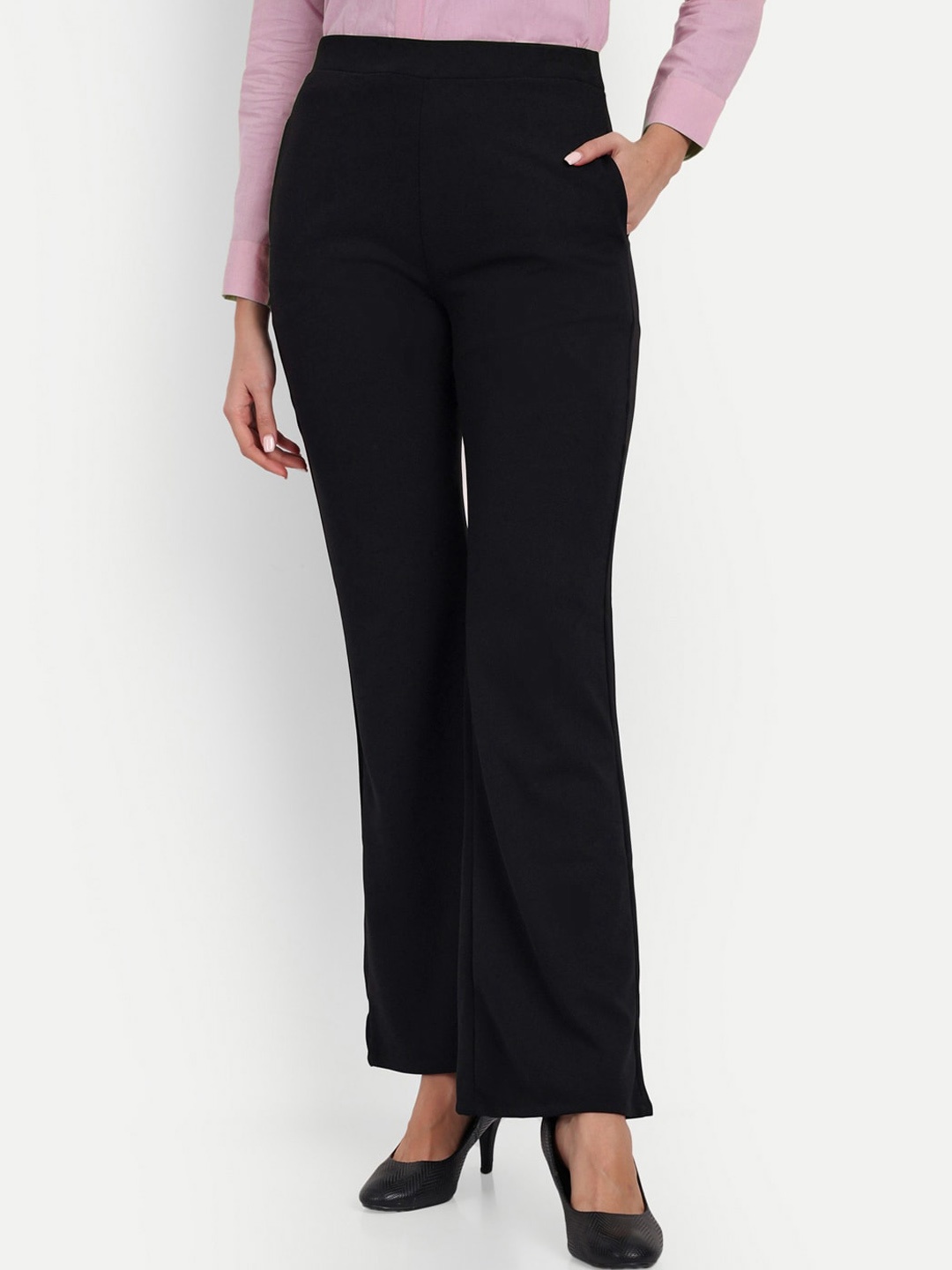 

Next One Women Relaxed Flared High-Rise Easy Wash Stretchable Bootcut Trousers, Black