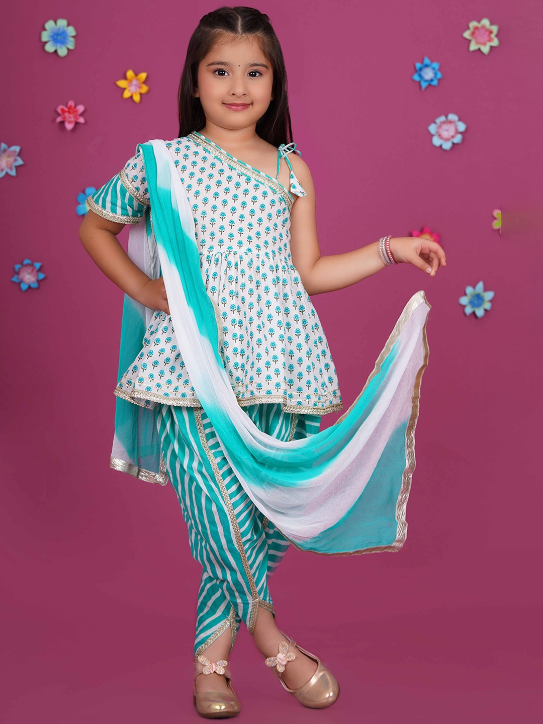 

Stuffie Land Girls Ethnic Motifs Printed Regular Pure Cotton Kurti Dhoti Pants & Dupatta, Blue