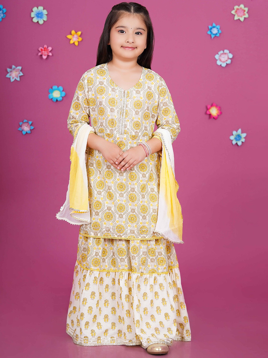 

Stuffie Land Girls Ethnic Motifs Printed Thread Work Pure Cotton Kurta Sharara & Dupatta, Yellow