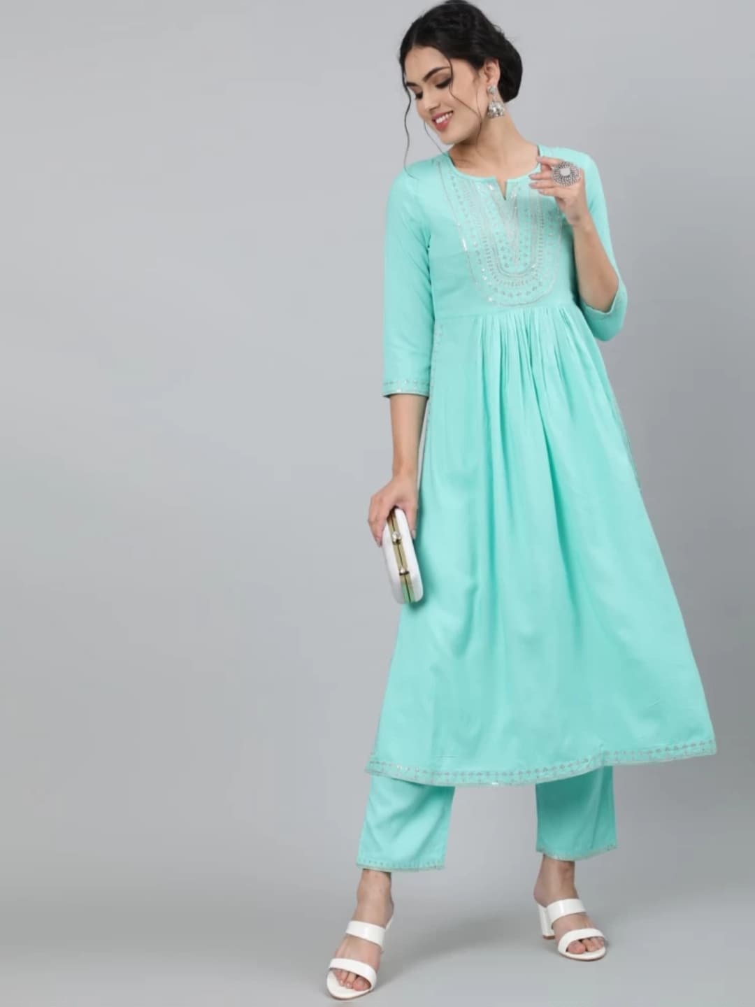 

ANJAYA Floral Yoke Design Empire Sequinned Notched Neck A-Line Kurta with Trousers, Turquoise blue