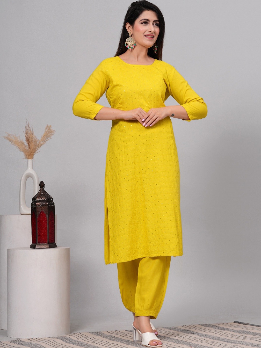 

ANJAYA Round Neck Embroidered Regular Sequinned Straight Kurta with Trousers, Yellow