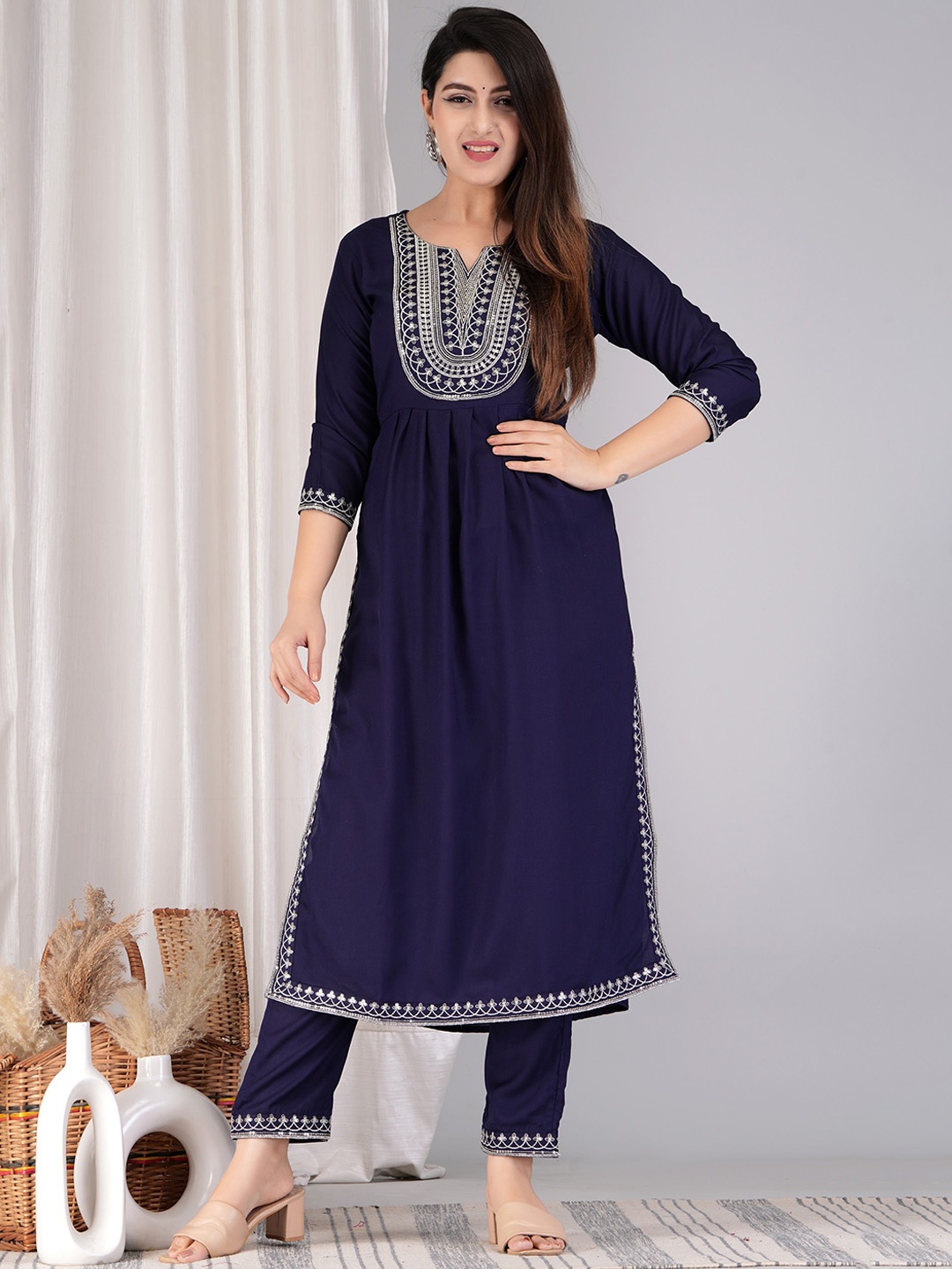 

ANJAYA Ethnic Motifs Yoke Design Regular Sequinned Notched Neck Kurta with Trousers, Navy blue