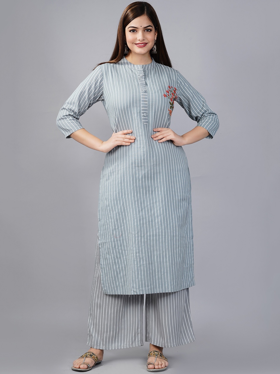 

ANJAYA Striped Mandarin Collar Regular Thread Work Straight Kurta with Palazzos, Grey