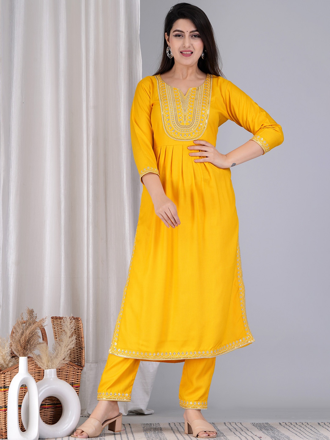 

ANJAYA Ethnic Motifs Embroidered Pleated Notched Neck Straight Kurta with Trousers, Yellow