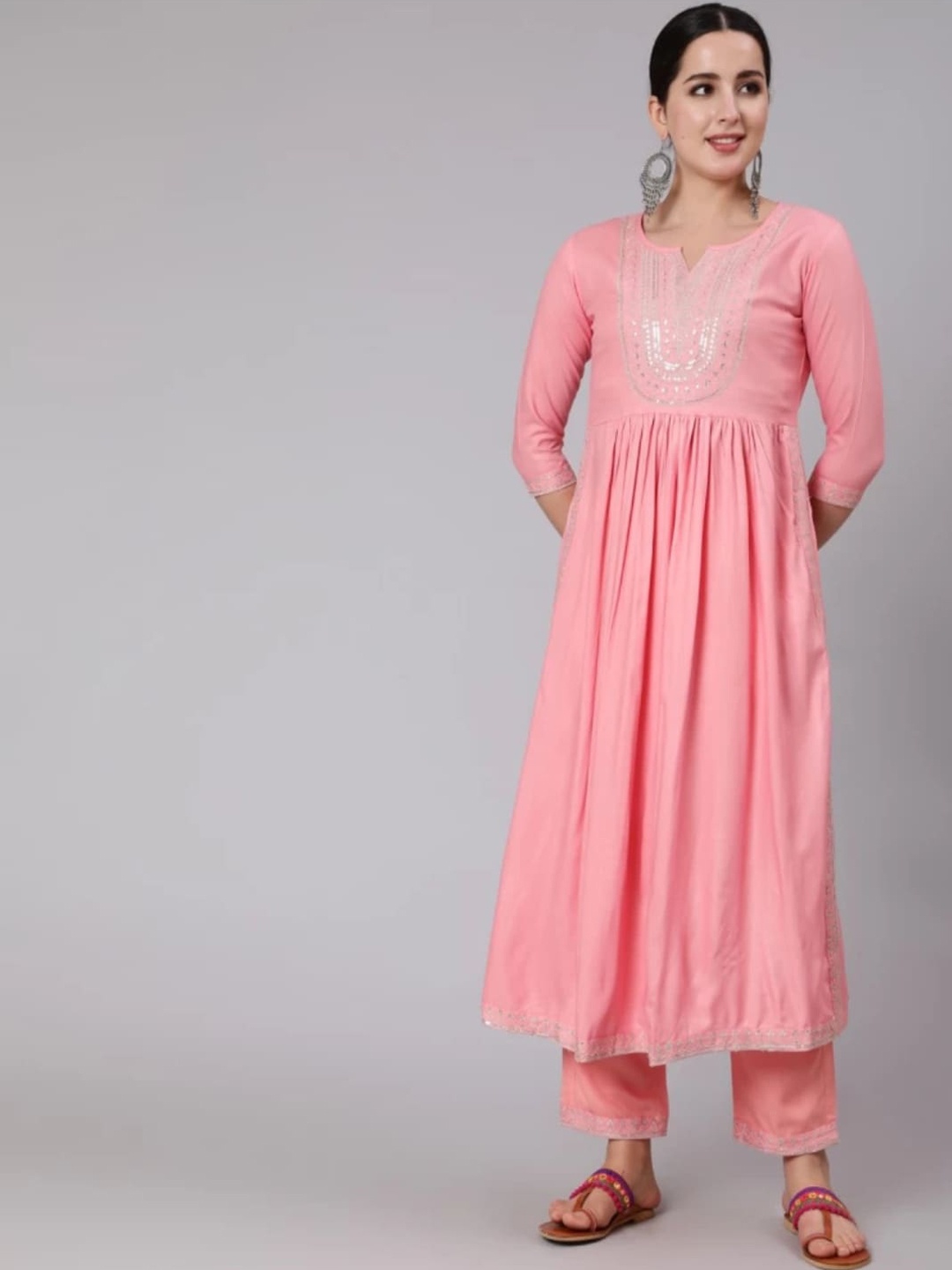 

ANJAYA Floral Yoke Design Regular Sequinned Notched Neck Anarkali Kurta with Trousers, Peach
