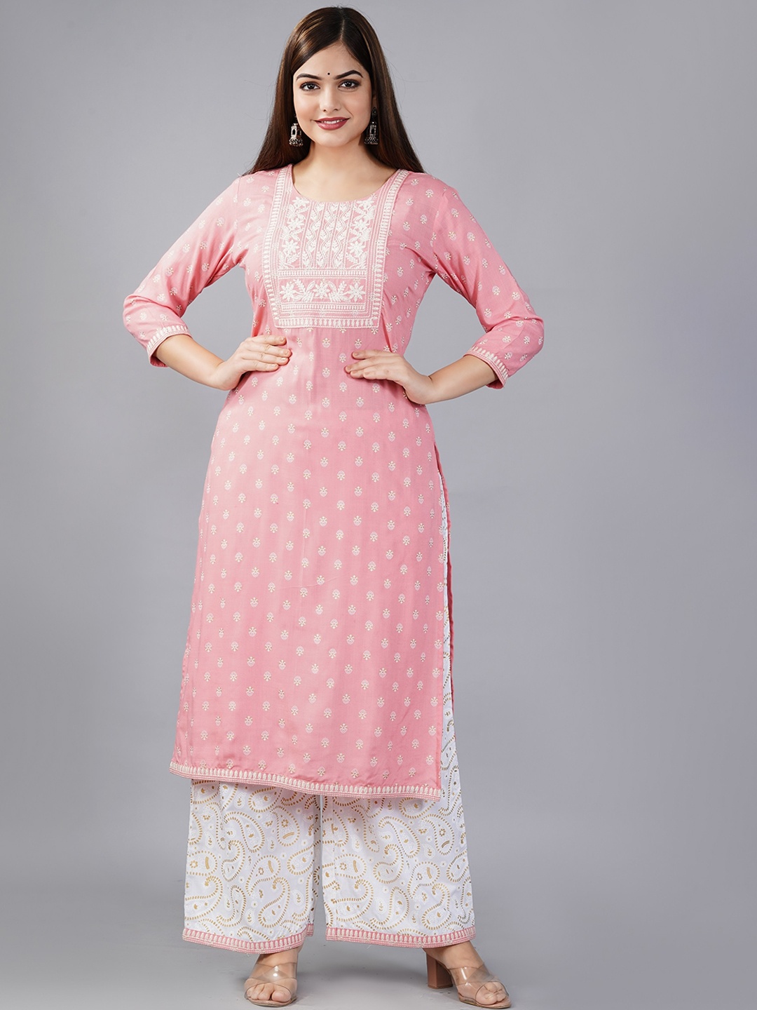 ANJAYA Floral Printed Regular Round Neck Thread Work Straight Kurta with Palazzos, Peach