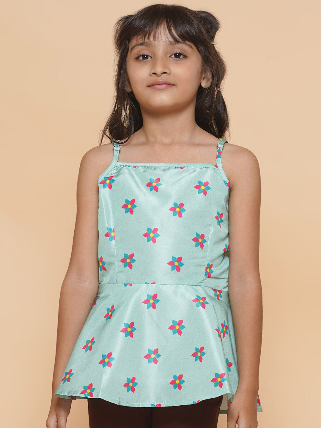 

Aks Kids Girls Floral Printed Shoulder Straps Sleeveless Peplum Top, Sea green
