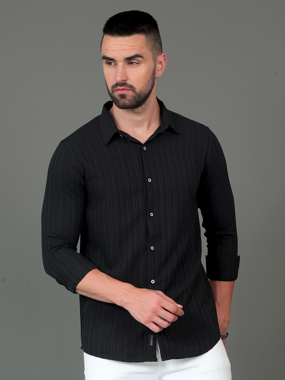 

CAZZBA Striped Spread Collar Spread Collar Cotton Casual Shirt, Black