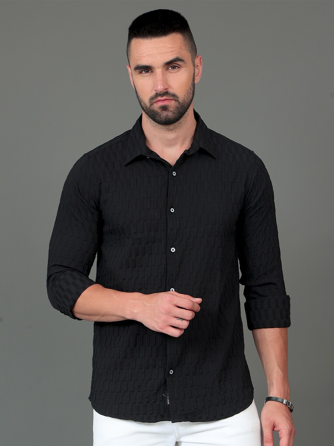 

CAZZBA Self Designed Spread Collar Cotton Casual Shirt, Black