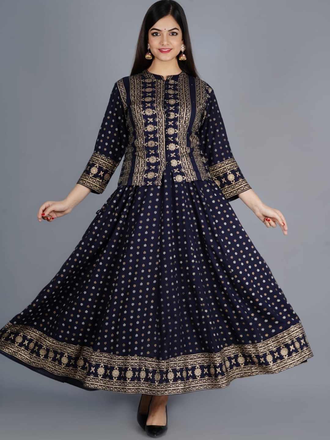 

ANJAYA Ethnic Motifs Printed Round Neck Anarkali Kurta with Palazzos & With Dupatta, Navy blue
