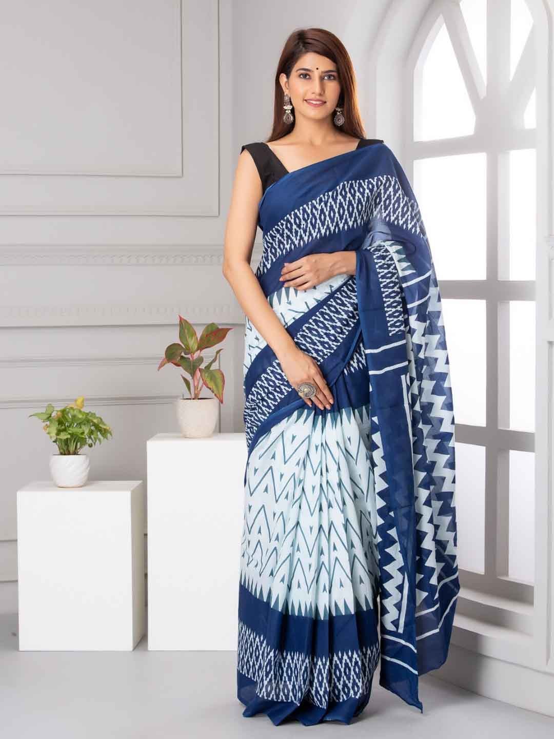 

TROPWEAR Pure Cotton Block Print Saree, Blue