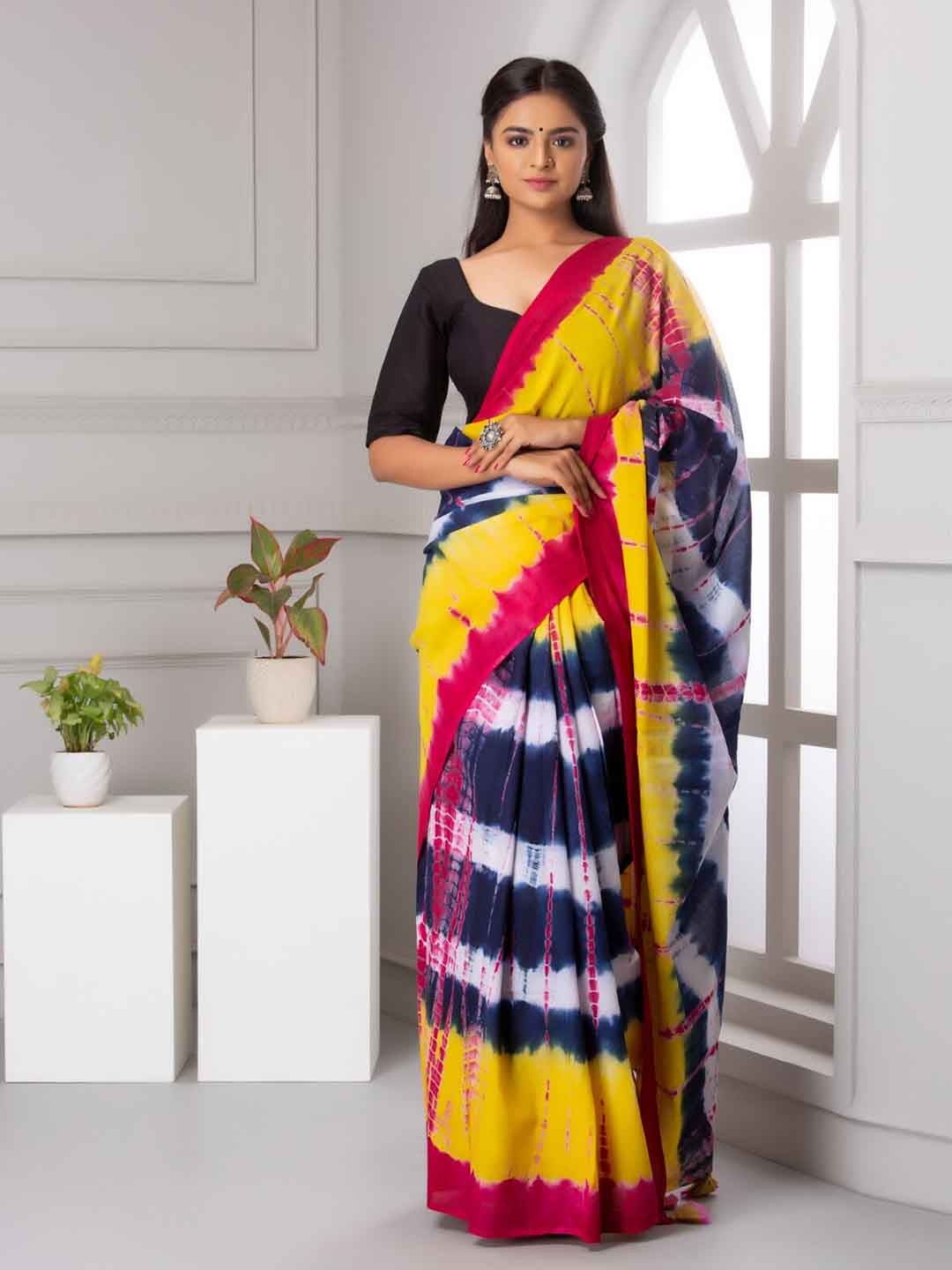 

TROPWEAR Tie and Dye Pure Cotton Block Print Saree, Yellow