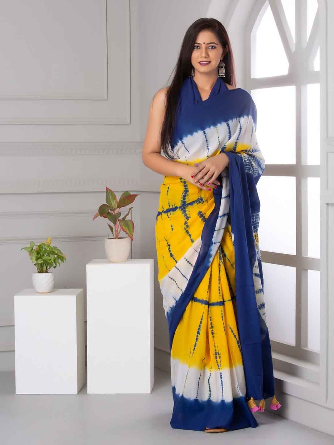 

TROPWEAR Tie and Dyed Cotton Mulmul Saree, Yellow