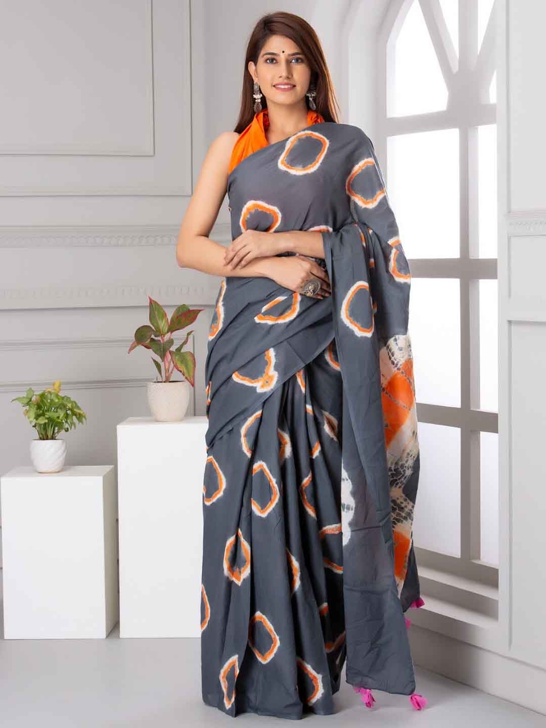 

TROPWEAR Tie & Dyed Cotton Mulmul Saree, Grey