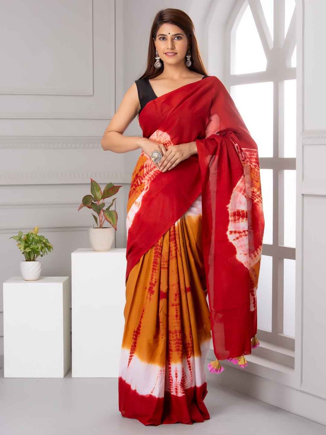 

TROPWEAR Tie & Dyed Pure Cotton Saree, Maroon