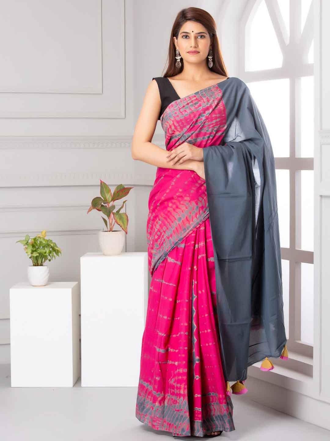 

TROPWEAR Tie & Dye Dyed Pure Cotton Block Print Saree, Pink