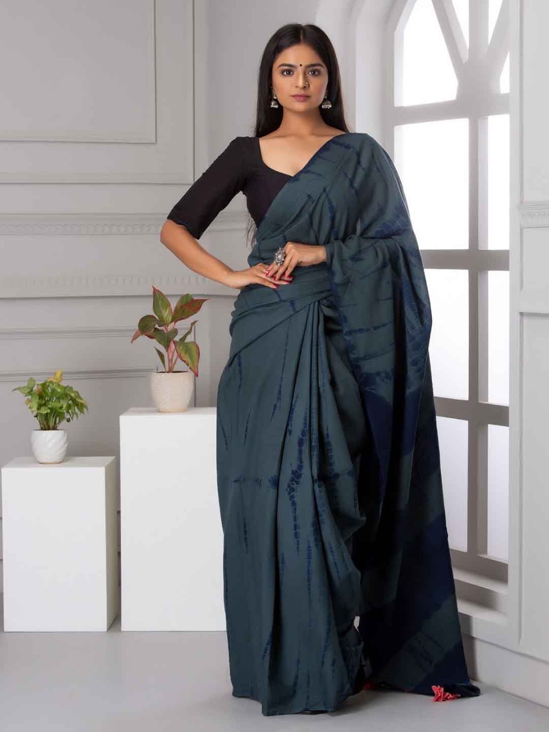

TROPWEAR Tie and Dyed Cotton Mulmul Saree, Grey